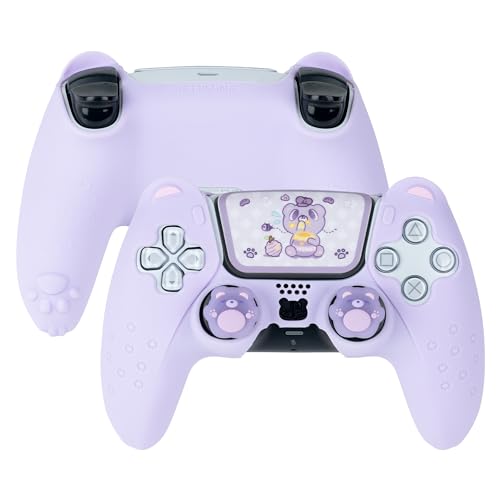 GeekShare Cute Bear PS5 Controller Skin Set Anti-Slip Silicone Protective Cover Skin Case for Playstation 5 Wireless Controller with 2 Thumb Grip Caps and 1 Sticker - Purple