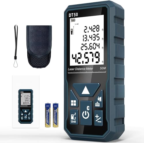 Laser Measure 165ft DT50 Laser Distance Meter 50M, Portable Handle Digital Measure Tool Range Finder, Larger Backlit LCD 4 Line Display IP54 Shockproof