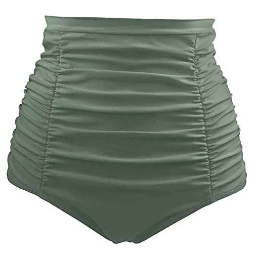Tempt Me Women's High Waisted Swimsuit Bottom Olive Green Tummy Control Ruched Bikini Bottom Vintage Swim Shorts Tankini Briefs M