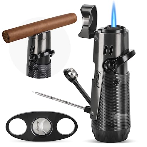 Tesonway Cigar Lighter, Windproof Refillable Butane Torch Lighter, Multifunction Cigar Accessories Butane Lighter with Cigar Holder, Cigar Draw Enhancer and Cigar Punch, Cigar Cutter and Lighter Set
