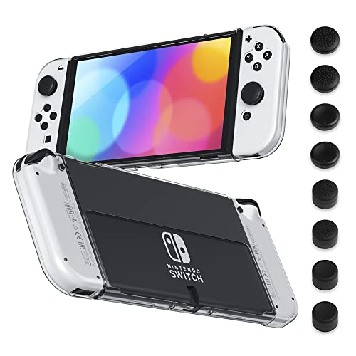RHOTALL Clear Protective Case Compatible with Nintendo Switch OLED, Hard PC Cover for Switch OLED Console, Soft TPU Shell for Joycon Controller with 8 Thumb Caps