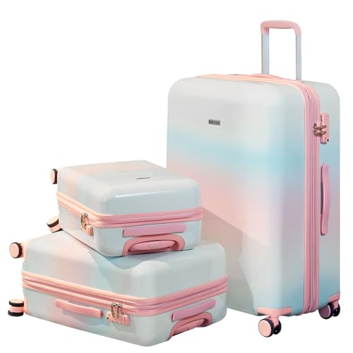 Merax Luggage 3 Piece Sets, PC Hard Shell Luggage Set Lightweight Carry on Luggage Expandable Suitcase with Spinner Wheels (20/24/28, Multicolor Pink)