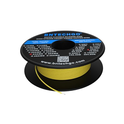 BNTECHGO 24 Gauge Silicone Wire Spool 250 ft Yellow Flexible 24 AWG Stranded Tinned Copper Wire