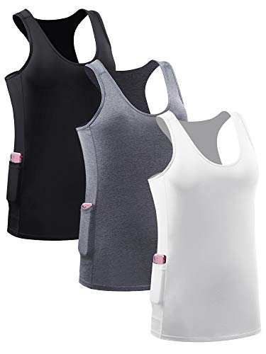 NELEUS Women's Running Tank Tops 3 Pack Racerback Workout Yoga Shirts with Pockets,8069,Black/Grey/White,L