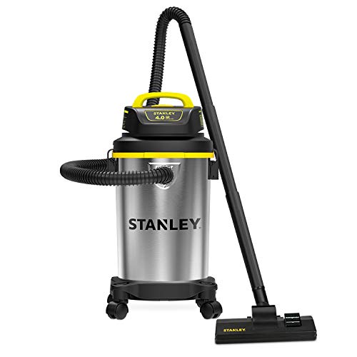 Stanley SL18129 Wet/Dry Vacuum, 4 Gallon, 4 Peak HP, Stainless Steel Tank with Top Handle, 3-in-1 Shop Vacuum Cleaner with Blower for Home, Garage, Car, Workshop, Pet Hair, Silver+Yellow+Black