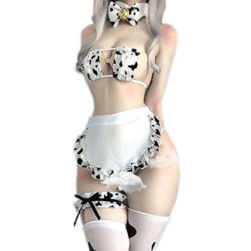 paloli Womens Anime Cow Cosplay Bikini Lolita Kawaii Bra and Panty Set Japanese Underwear White Stocking