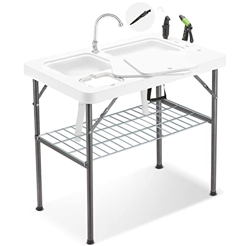 Avocahom 37' Folding Fish Cleaning Table Portable Camping Sink Table w/Dual Water Basins, Faucet Drainage Hose & Sprayer Outdoor Fish Fillet Cleaning Station w/Knife