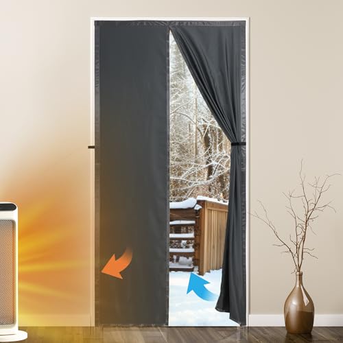 Magnetic Thermal Insulated Door Curtain,Thicker Layered Fabric Doorway Curtains,Temporary Door Insulation Cover Keep Warm Winter&Cool Summer,Dark Grey Fabric Door Window Insulation Kit for Winter