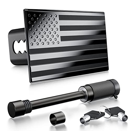 DoPake Metal Trailer Hitch Cover,Heavy Duty 2' Inch Tow Rear Receivers Plug Covers,USA American Flag Hitch Cover （with 3-3/5' Usable Length,5/8-inch Diameter Pin） for Trucks Cars SUV (Black)