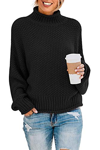 ZESICA Women's 2023 Turtleneck Batwing Sleeve Loose Oversized Chunky Knitted Pullover Sweater Jumper Tops,Black,Medium
