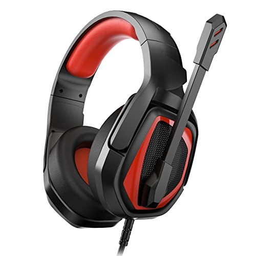 Anivia MH602 Gaming Headset for PC PS5 PS4 Nintendo Xbox One Mac Laptop, Wired Stereo Over-Ear Headphones with Noise Cancelling Mic, Soft Memory Earmuffs for Adults & Kids, Black-Red