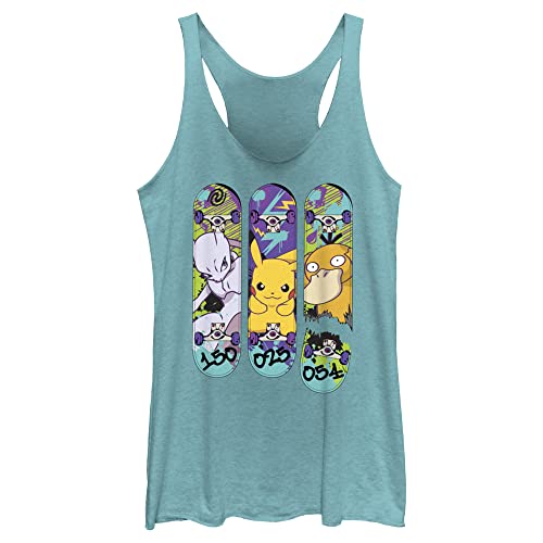 Women's Pokemon Mewtwo, Pikachu, and Psyduck Skateboard Decks Racerback Tank Top - Tahiti Blue - X Large