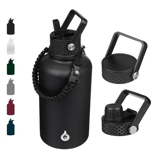 BJPKPK Half Gallon Insulated Water Bottles with Straw Lid,64oz Large ,Stainless Steel Water Bottles with 3 Lids and Paracord Handle for Hot & Cold Liquid, Black