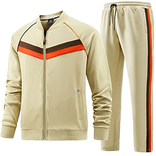 W JIANWANG Mens Track Suits 2 Piece Tracksuits Sweatsuits Set Jogging Suit Fashion Casual Workout Running Sports Jacket and Pants Outfits Khaki JW-084-L