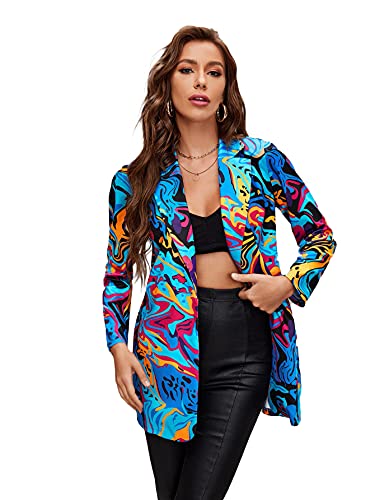 WDIRARA Women's Graphic Print Blazer Button Open Front Long Sleeve Jacket Multicolored L