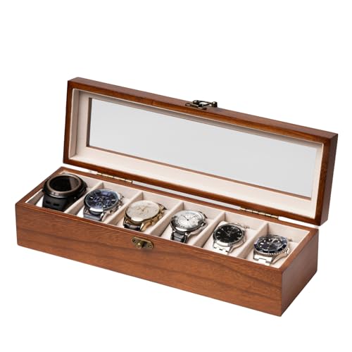 Exper City Watch Box, Watch Case for Men Women with Large Glass Lid, Wooden Watch Display Storage Box with 6 - Slots, Walnut Mens Watch Box Organizer for Gift