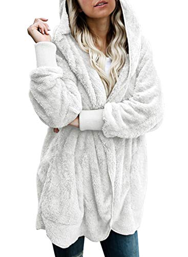 Dokotoo Womens Casual Cozy Warm Ladies Fuzzy Winter Fashion 2023 Open Front Long Sleeve Fleece Pocket Hoodies Cardigans Sweaters Jackets Coats Outerwear White Large