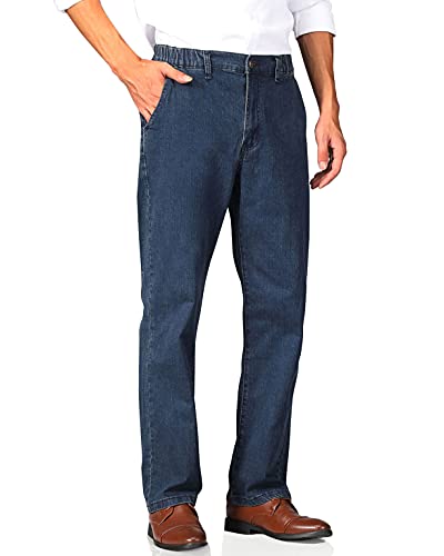 Soojun Mens Elastic Waist Jeans Relaxed Fit with Zipper and Button, Dark Blue (Vintage), 34W x 30L