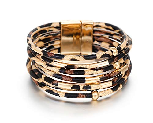 Fesciory Leopard Bracelet for Women, Boho Leather Wrap Multi-Layer Pearl Crystal Bracelet Bangle Jewelry(Brown Leopard)
