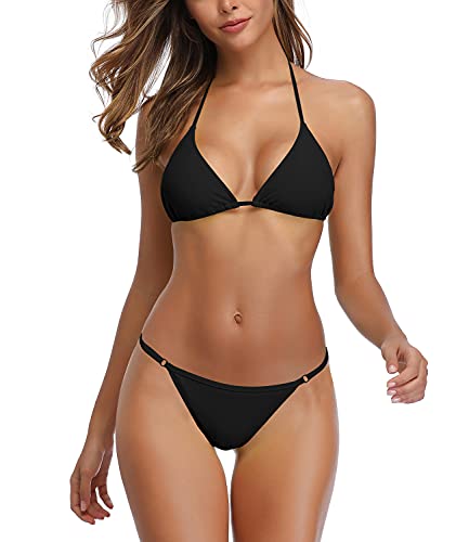 SHEKINI Women's Halter Bikini Brazilian Thong Trikini Cheeky Two Piece Swimsuits(Manhattan Black, Small)