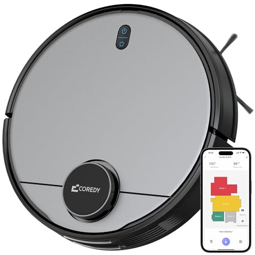 Coredy SL200 Robot Vacuum, Cutting-Edge Laser Navigation, 2600Pa Turbo Suction, 450ml Dustbin, 120mins Runtime, Mapping x 5, Wi-Fi/Alexa Robotic Vacuum Cleaner, Cleans Floors and Carpets, Pets Hair