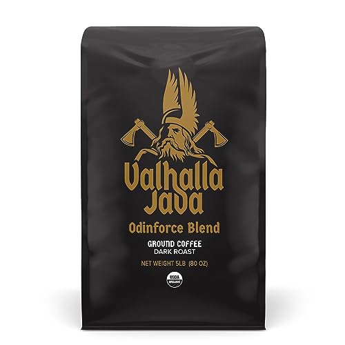 Death Wish Coffee Valhalla Java Dark Roast Grounds - Extra Kick of Caffeine - 5 Lb. - Bold & Intense Blend of Arabica Robusta Beans - USDA Organic Ground Coffee - Strong Coffee for Morning Boost
