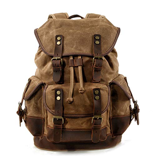 WUDON Men Travel Backpack, Genuine Leather-Waxed Canvas Shoulder Hiking Rucksack (Khaki)