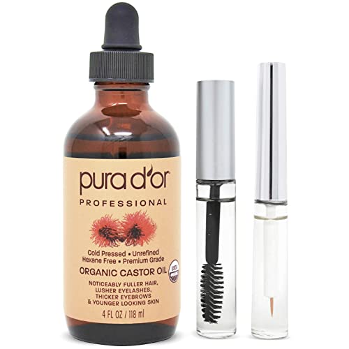 PURA D'OR Organic Castor Oil (4oz + 2 BONUS Pre-Filled Eyelash & Eyebrow Brushes) 100% Pure, Cold Pressed, Hexane Free Growth Serum For Fuller, Thicker Lashes & Brows & Moisturizes Skin
