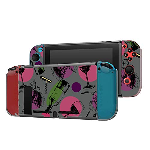 Dockable Case Compatible with Switch Console and Joy-Con Controller, Patterned ( Grey wine pattern with glass, bottle,grape and corkscrew ) Protective Case Cover with Tempered Glass Screen