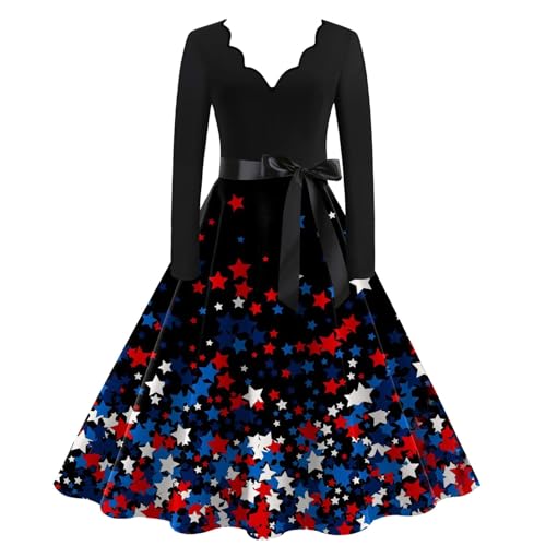 Lightning Deals of Today Prime, Beach Dress, Red White Blue Dress Waist Tie Stars Stripes Print Long Sleeve Dresses Cute Comfy Loose Fit A Line Dress Casual V Neck Sexy Vestidos(C-Dark Blue,3XL)