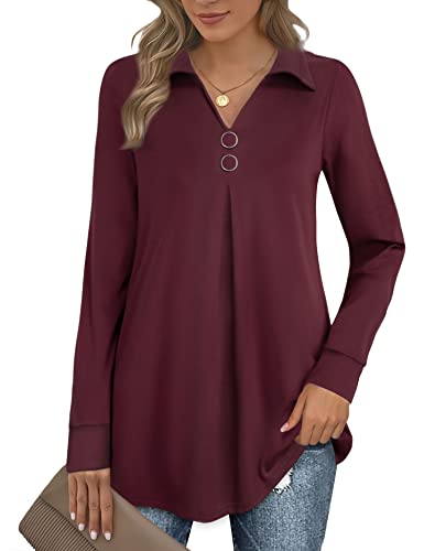 Bebonnie Women Blouses and Tops Fashion, Tunic Tops for Women Long Sleeve Dress Work Shirts Ladies Casual Lapel V Neck Buttons Down Shirts Pullover 2023 Formal Office Tops for Leggings Dark Red M