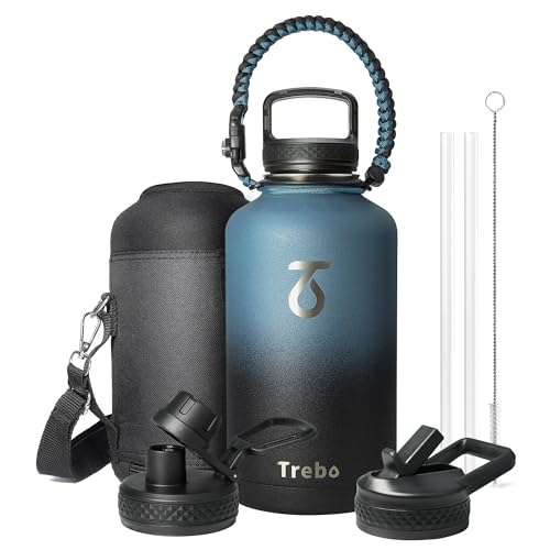 Trebo Water Bottle 64oz with Paracord Handle, Half Gallon Food-grade Double Wall Vacuum Stainless Steel Insulated Jug with Holder Strap Straw Spout Handle Lids, Leakproof Keep Cold & Hot, Indigo/Black