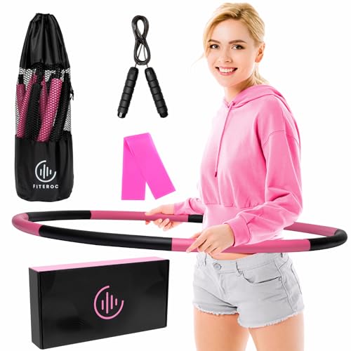 Fiteroc Weighted Fitness Hula Hoop Adult Beginner - Large Weighted Hula Hoop for Adults - Detachable and Portable - Exercise Holahoop with Jump Rope, Resistance Band and Carry Bag (Black/Pink)