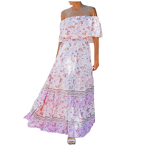 Long Dresses for Women Formal Bohemian Maxi Long Dresses Trendy 2023 Elegant Off Shoulder Dress Summer Floral Print Flowy Ruffle Sundress Girls