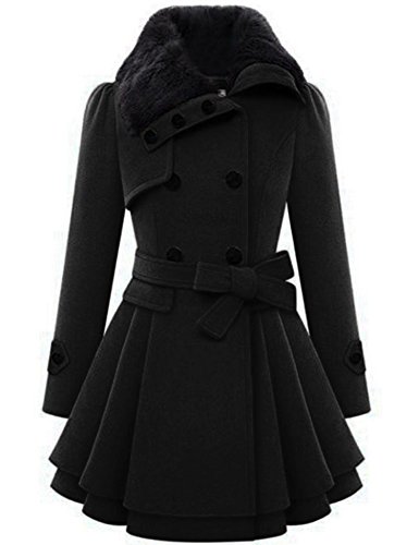 Zeagoo Women's Fashion Faux Fur Lapel Double-breasted Thick Wool Trench Coat Jacket, Black ,Large