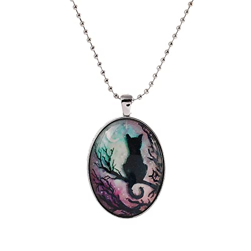 YWMAN Cat Moon Cameo Necklace - Vintage Gothic Oval Frame Pendant Necklace Mystic Witch Jewelry Gift Accessories