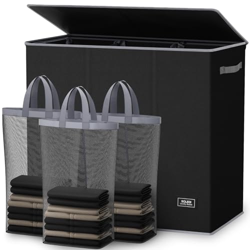 SOLEDI 180L Laundry Hamper 3 Section, Extra Large Laundry Hamper with Lid, Dirty Clothes Hamper with Sturdy Handle, Large Laundry Basket Organizer for Laundry Room, Bedroom, Hampers for Laundry