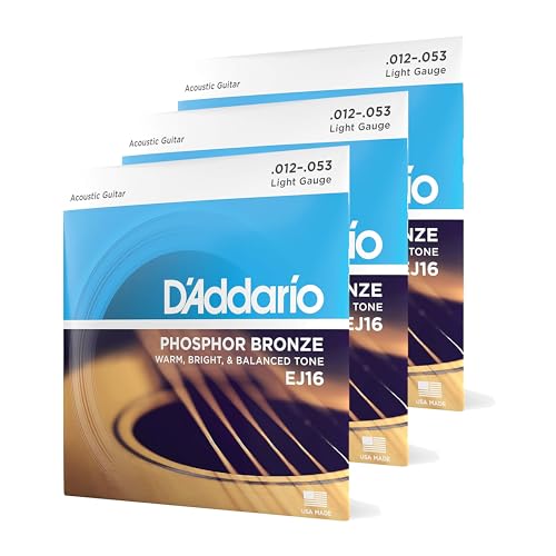 D'Addario Guitar Strings - Phosphor Bronze Acoustic Guitar Strings - EJ16-3D - Rich, Full Tonal Spectrum - For 6 String Guitars - 12-53 Light, 3-Pack