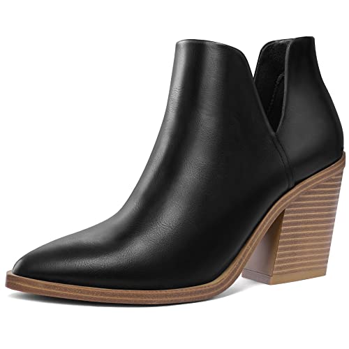 mysoft Women's Ankle Boots Slip on Cutout Pointed Toe Chunky Stacked Mid Heel Booties A18-22D-WLAX0402-6.5M