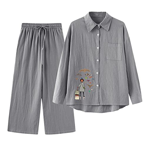 Ski Sweater Two Piece Set Crew Neck Long Sleeve Button Up Shirt And Wide Leg Pants Dress for Women Dressy (Grey-f, M)