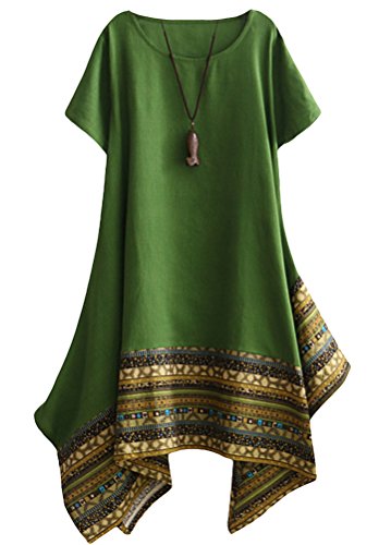 Minibee Women's Ethnic Cotton Linen Short Sleeves Irregular Tunic Dress (M, Green)