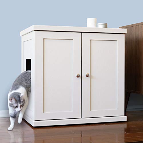 THE REFINED FELINE Cat Litter Box Enclosure Cabinet, Modern, White, Adjustable Levelers, Large, Hidden Litter Cat Furniture with Drawer