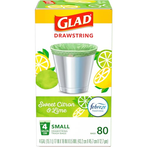 Glad OdorShield Small Drawstring Trash Bags,Sweet Citron & Lime, 4 Gal, 80 Ct (Package May Vary)