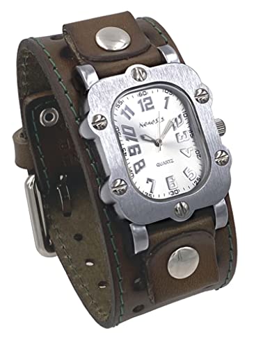 Nemesis GSTH007S Men's Silver Rugged Watch with Olive Green Stitched Leather Cuff Band