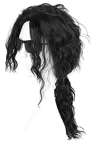 Ruina Black Wigs for Men 70s 80s Costume Wig Long Curly Wavy Black Hair Metal Rocker Wigs with Wig Caps R022BK
