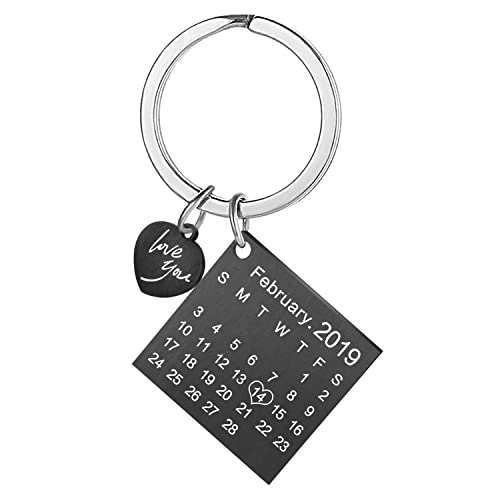 onlylove-handmade Personalized Engraved Calendar Date Keychain Custom Message Stainless Steel Keyring Memorial Keepsake Gift for Anniversary (Black-Heart)
