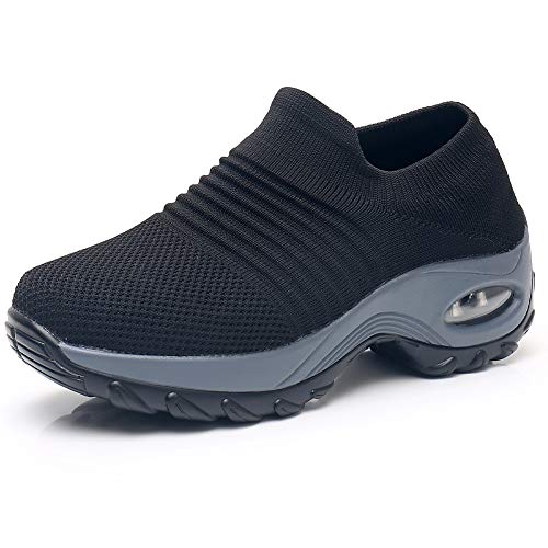 Women's Walking Shoes Sock Sneakers - Mesh Slip On Air Cushion Lady Girls Modern Jazz Dance Easy Shoes Platform Loafers Black,6.5