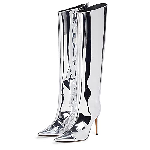 Arqa Women's Metallic Knee High Boots Stiletto High Heels Wide Calf Boot with Zipper Pointed Toe Dressy Booties Chrome Silver Size 8