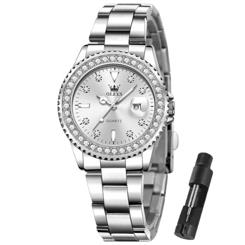 OLEVS Ladies Watch with Date Luxury Silver Watch for Women Waterproof Lady Wrist Watch Analog Dress Stainless Steel Female Watch Luminous Calendar Diamond Women Watch reloj para Mujer
