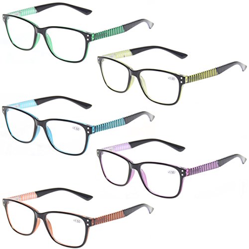 READING GLASSES 5 Pack Fashion Unisex Readers Spring Hinge With Stylish Pattern Designed Glasses (5 MIx Color, 1.5)